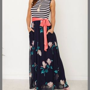 Coral & navy tie wrap maxi dress